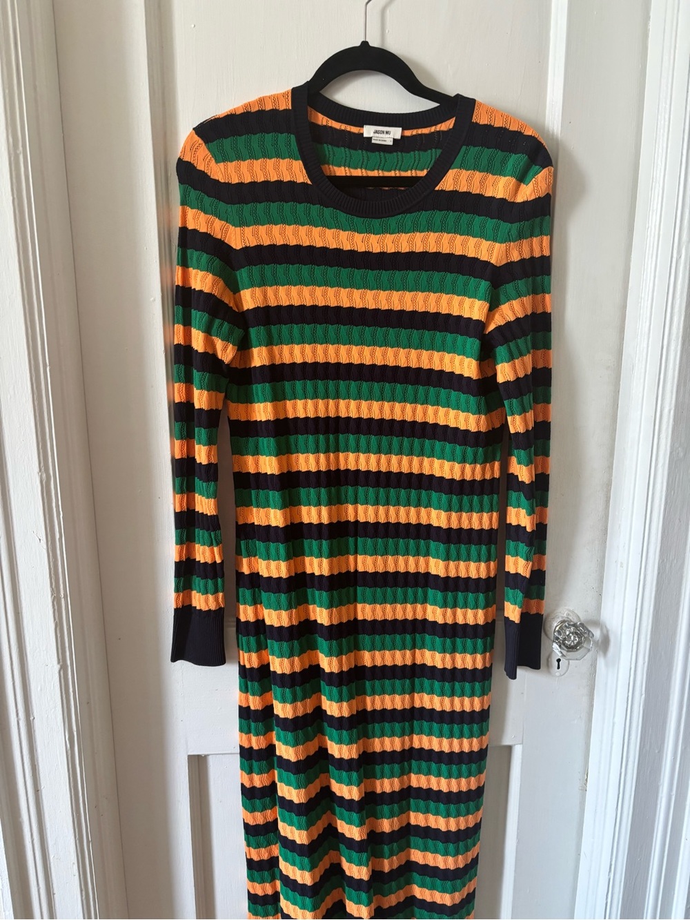 Striped Knit Midi Dress in Green/Orange by Jason Wu